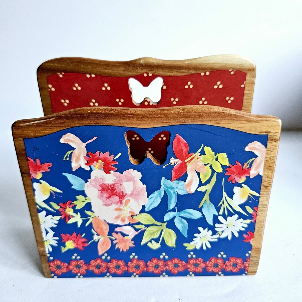 Pioneer‎ Woman Wooden Napkin Holder PW1666 Acacia Rustic Floral Butterfly M883.1